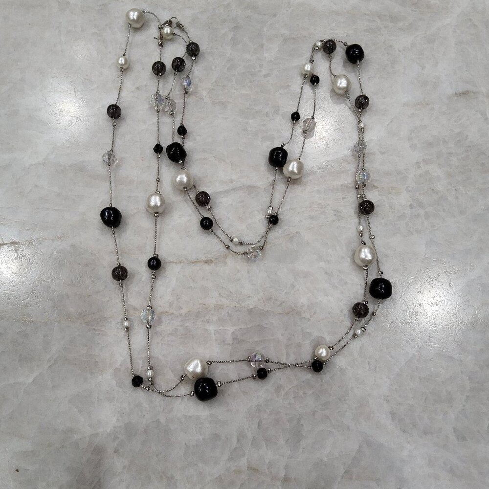 Black Rhinestone Bead and Faux Pearl Multi Strand Necklace